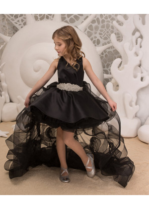 Black Satin Tulle High Low Flower Girl Dress With Beaded Sash